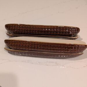 Vintage MCM Brown & Cream Ceramic Corn Dishes Set of 4